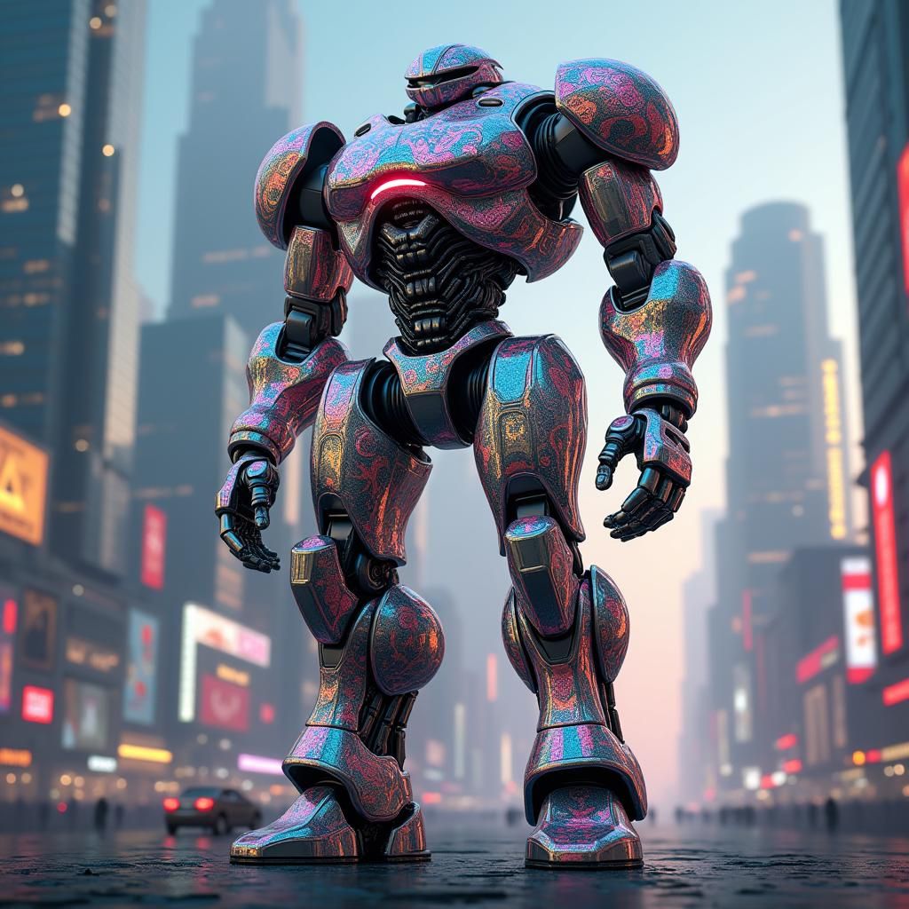 Towering Robot in a Futuristic Cityscape