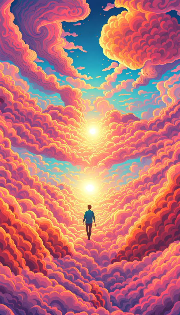 Surreal Person Flies Through Neon Sky