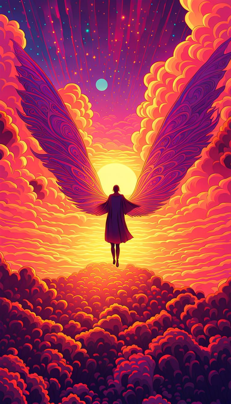 Person Flies Through Surreal Dreamscape in Digital Art