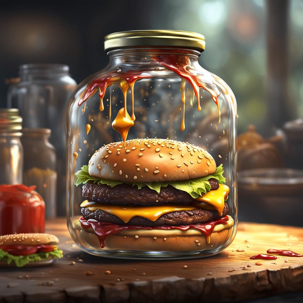 Cheeseburger Monster Possessed in Glass Bottle: Digital Art