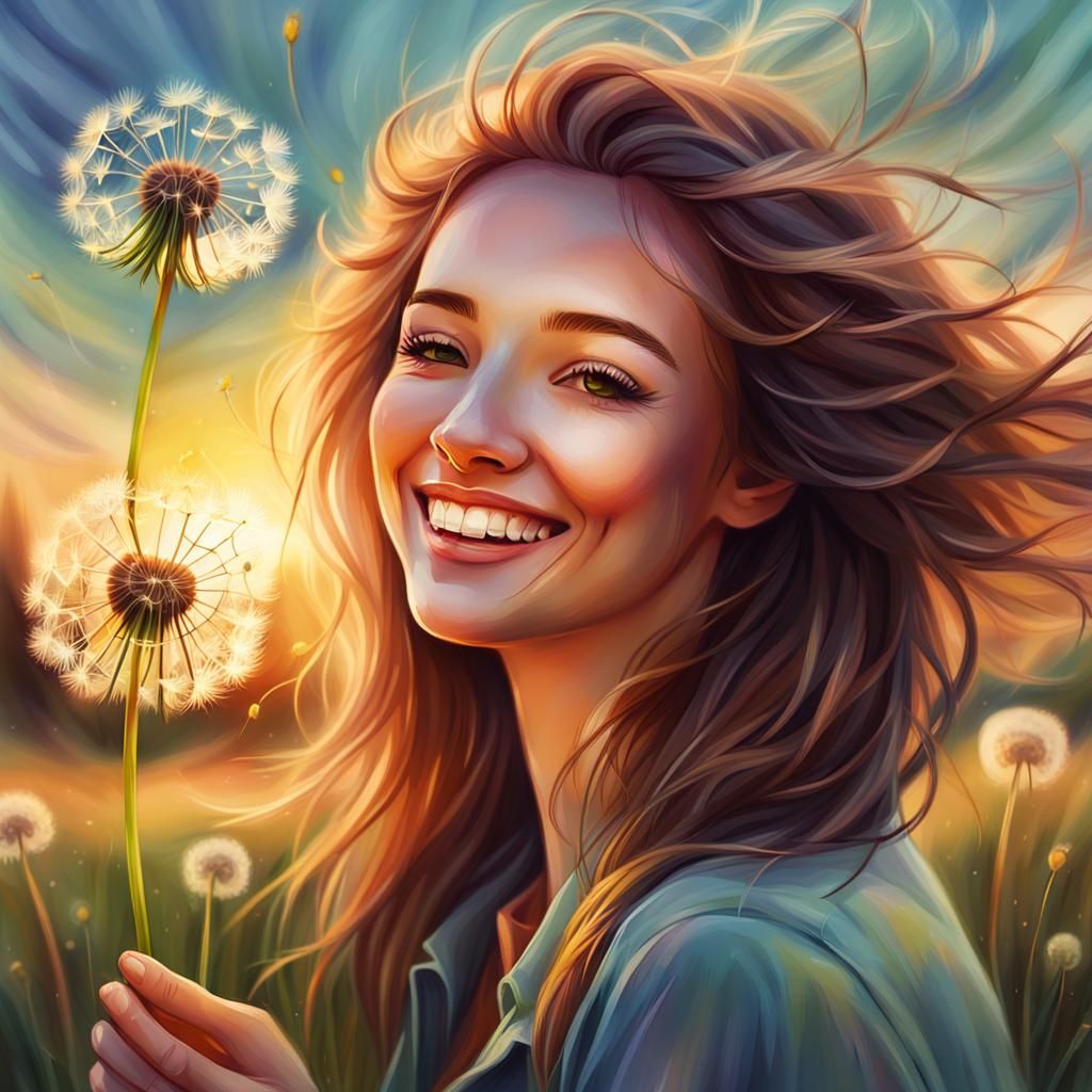 Joyful Woman with Dandelion: Whimsical Digital Painting