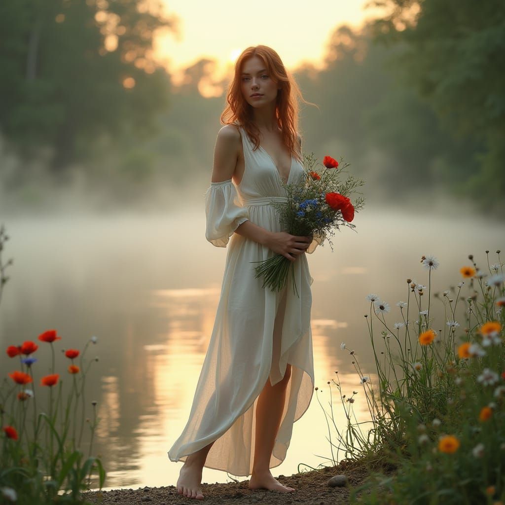 Ethereal Woman at Dawn with Wildflowers