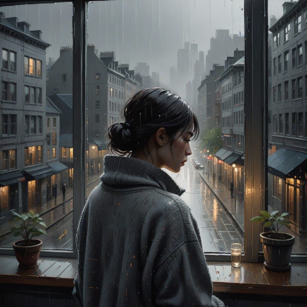 Melancholic Moment in Rainy Cityscape