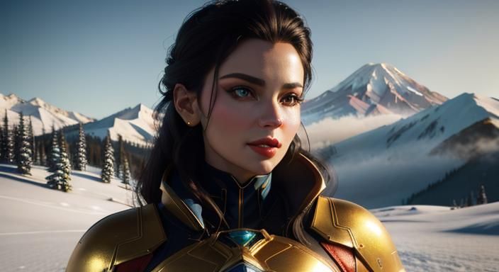 Demoness on Mount Shasta in Retrowave Style