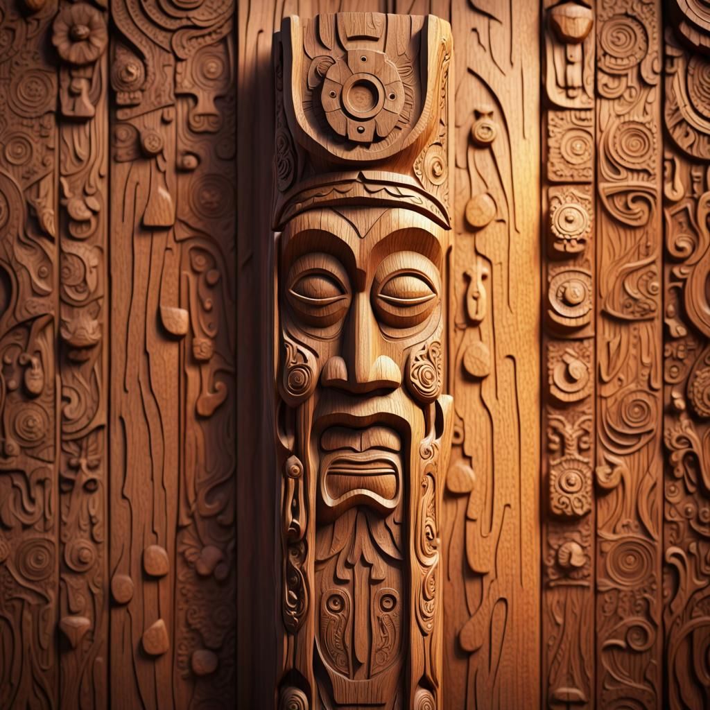 Intricate Wooden Totem with Golden Light, 3D Render
