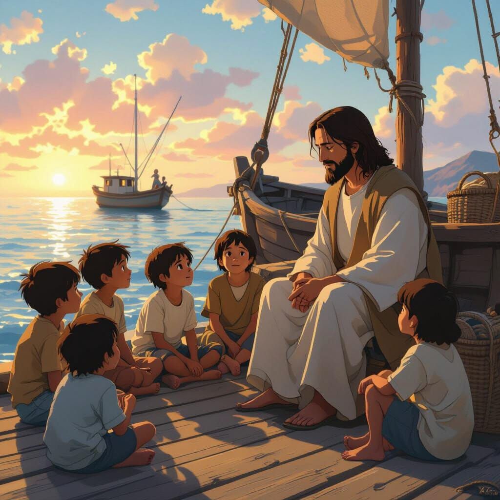 Jesus with Children by the Sea in Magical Realism
