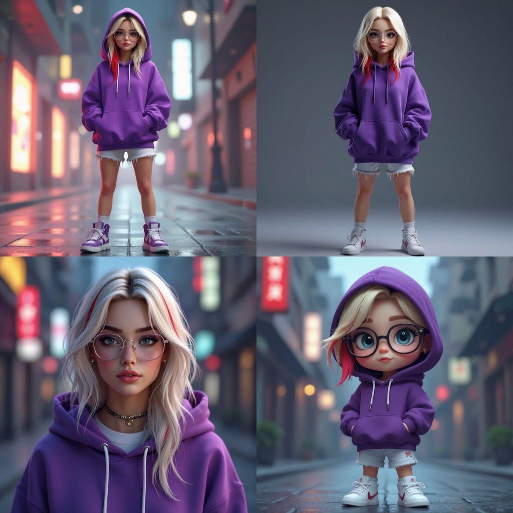 Hyperrealistic AI Character in Purple Hoodie and White Short...
