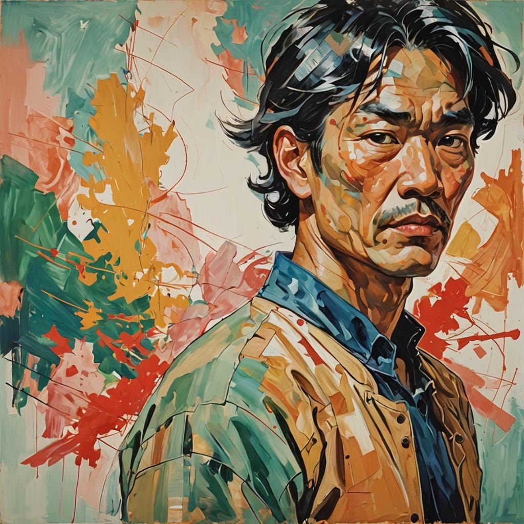 Abstract Portrait of Asian Man in Expressionist Style