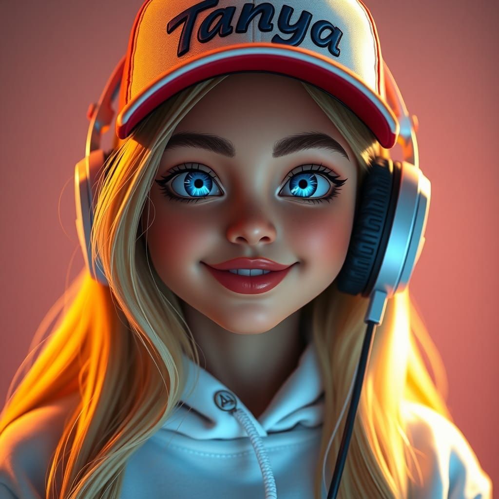 Cartoon Girl Portrait with Headphones in Art Nouveau Style