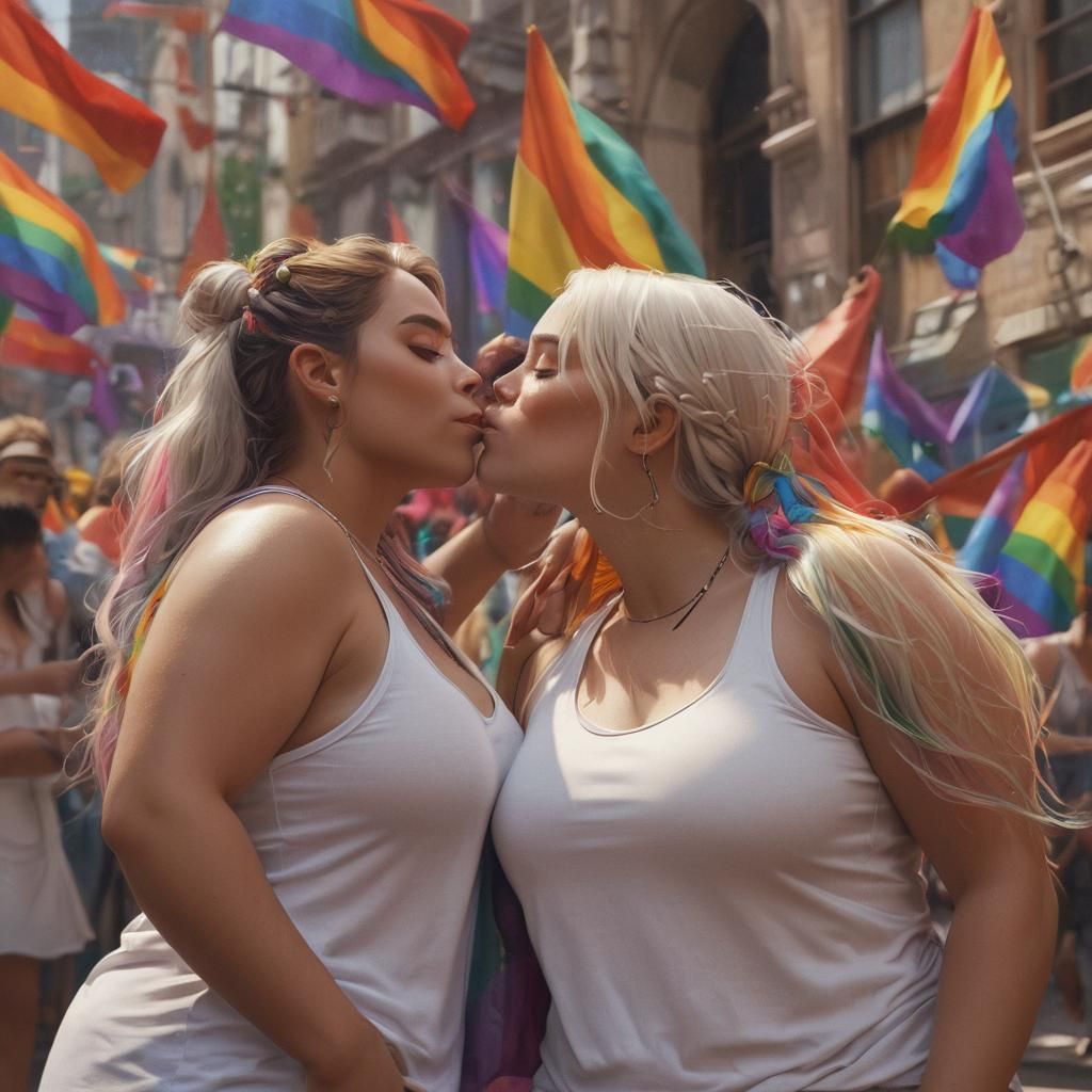 Two Women Kissing at Pride Parade: Digital Art