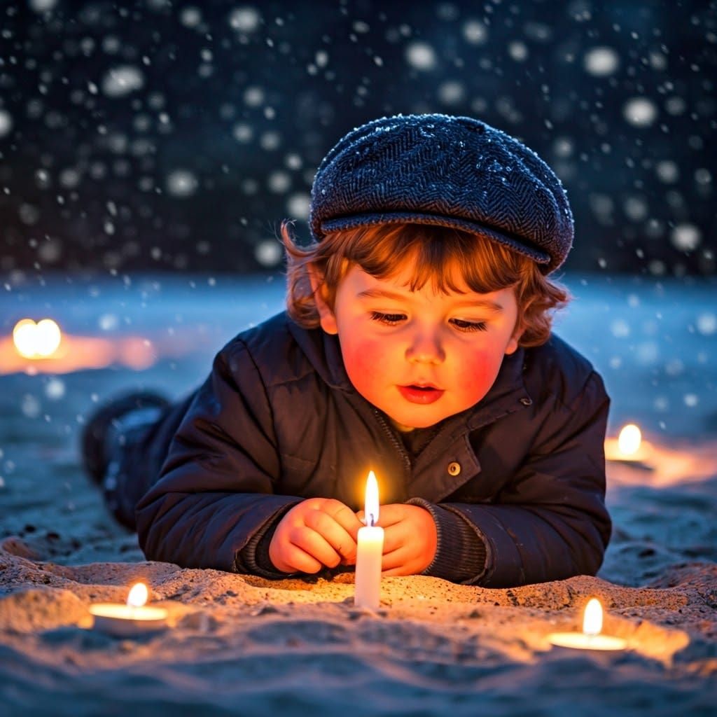 Hasidic Boy with Candles in Winter Snow