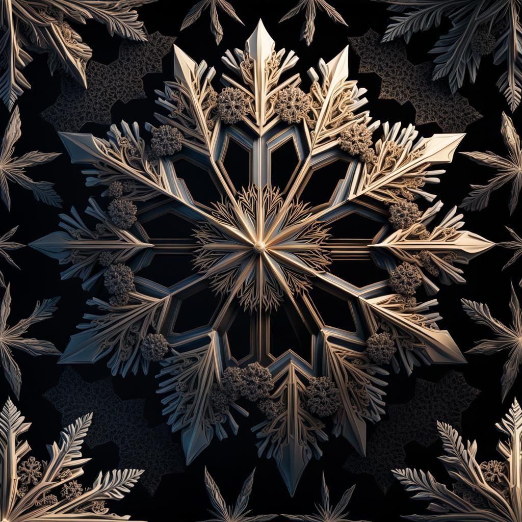 Hexagonal geometric snowflake on dark background