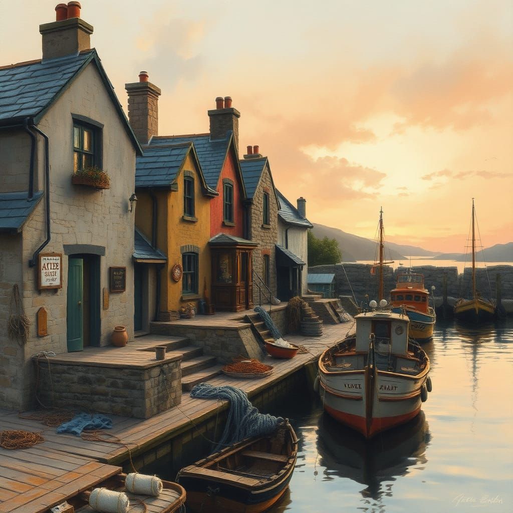 Scottish Harbor at Dusk in Watercolor Style