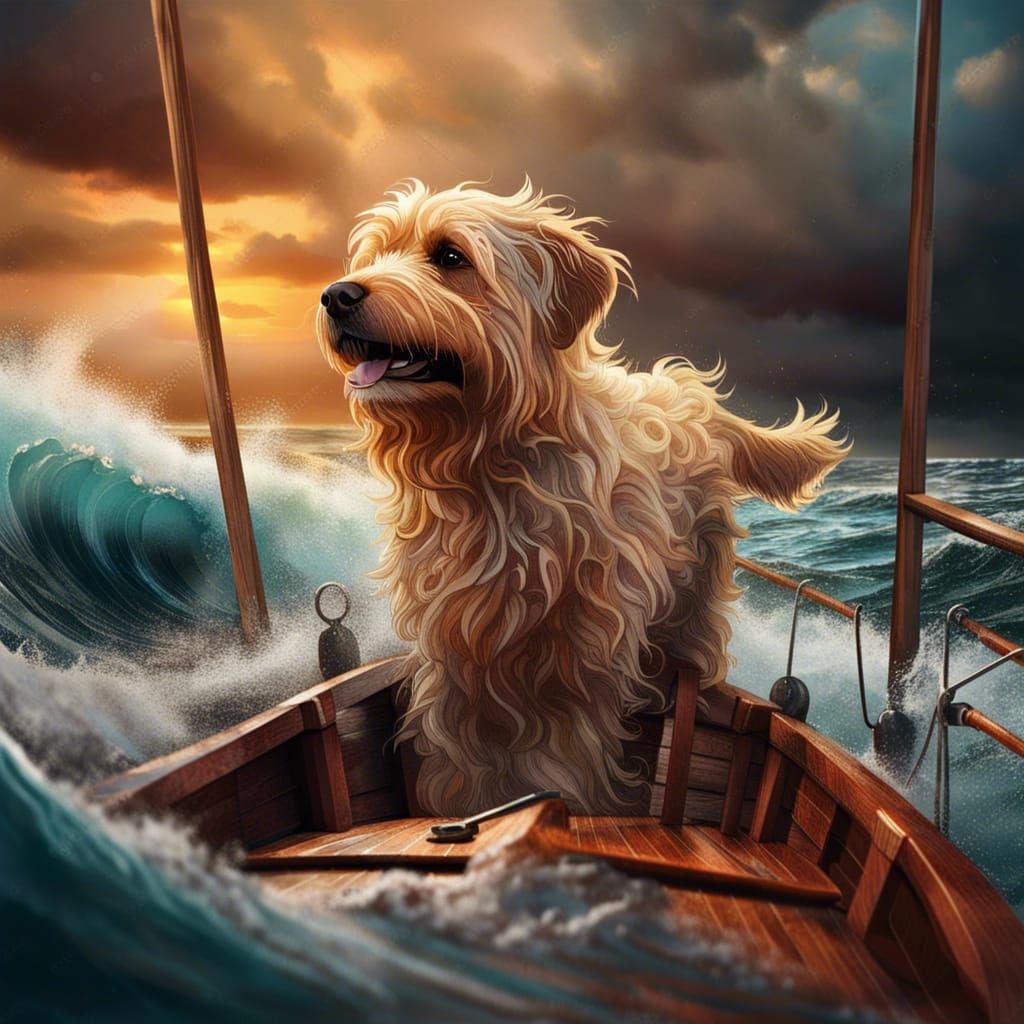 Brave Dog on Boat in Stormy Ocean