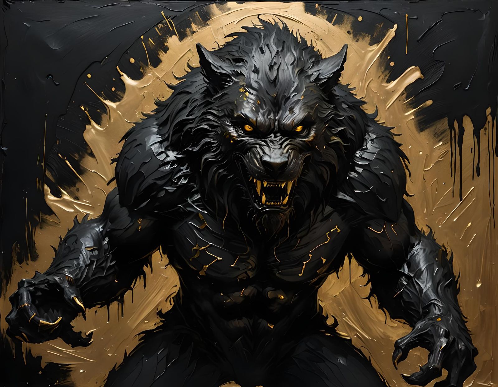 Dramatic Werewolf Painting with Golden Highlights