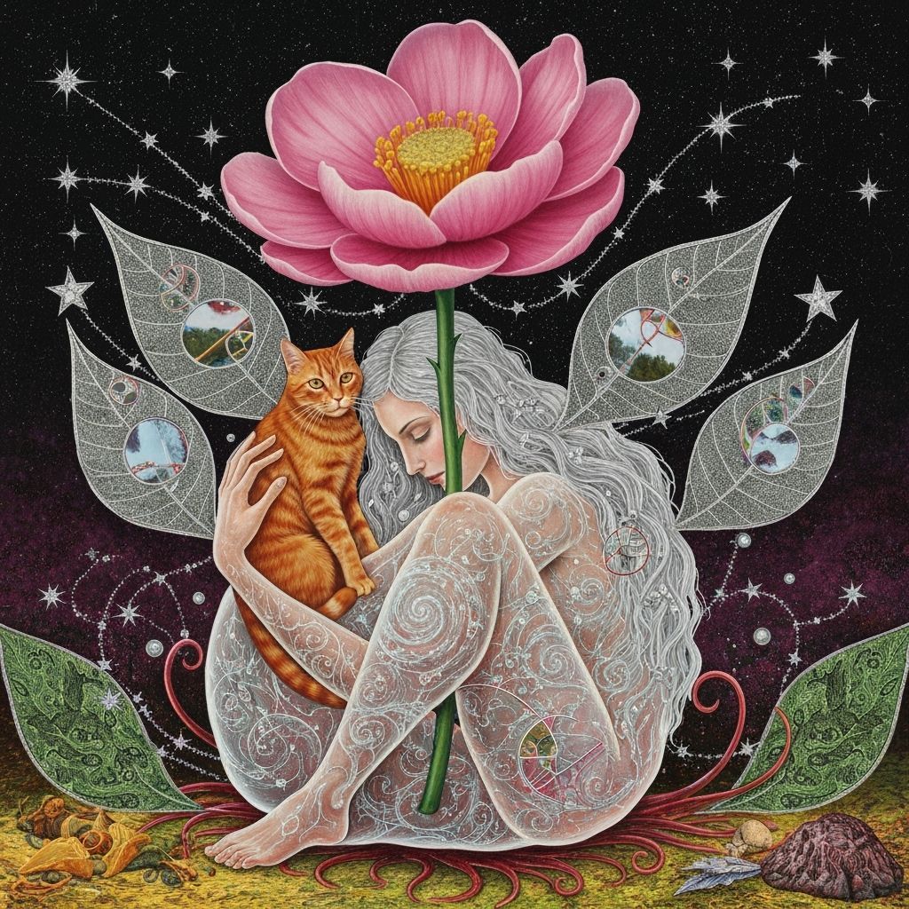 Ethereal Woman with Ginger Cat and Starry Hair