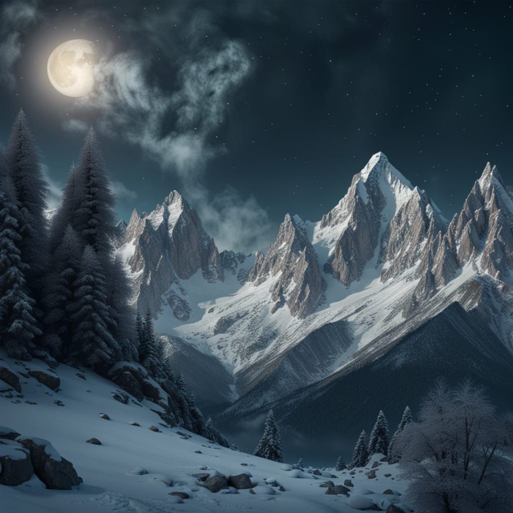Moon Over Snowy Mountain Range: Digital Matte Painting