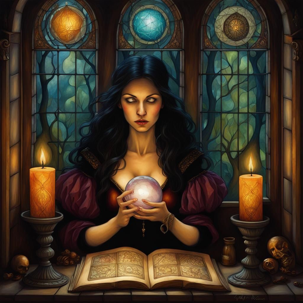 Mystical Sorceress Reading by Stained Glass Window