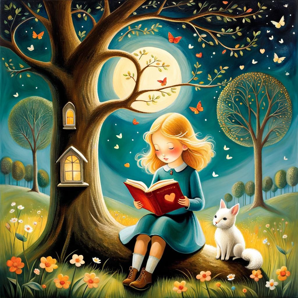 Girl Reading Book in Naive Art Style