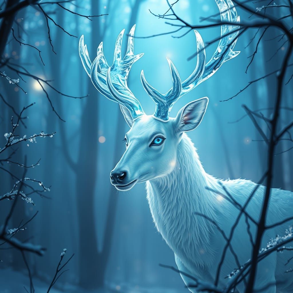 Crystal Stag in Misty Forest, Hyperrealistic Style