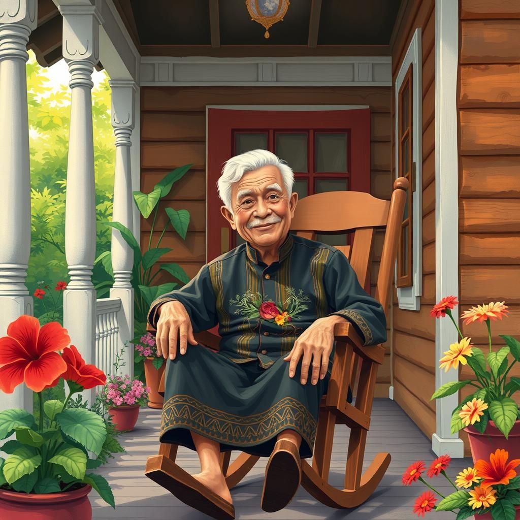 Kind Elderly Man on Porch in Vibrant Digital Art