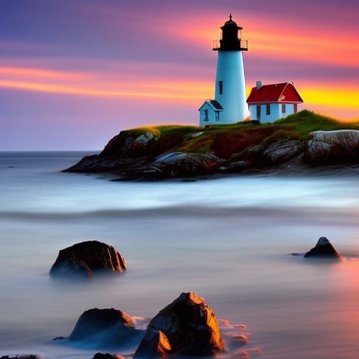 Maine Coastline Sunset with Lighthouse