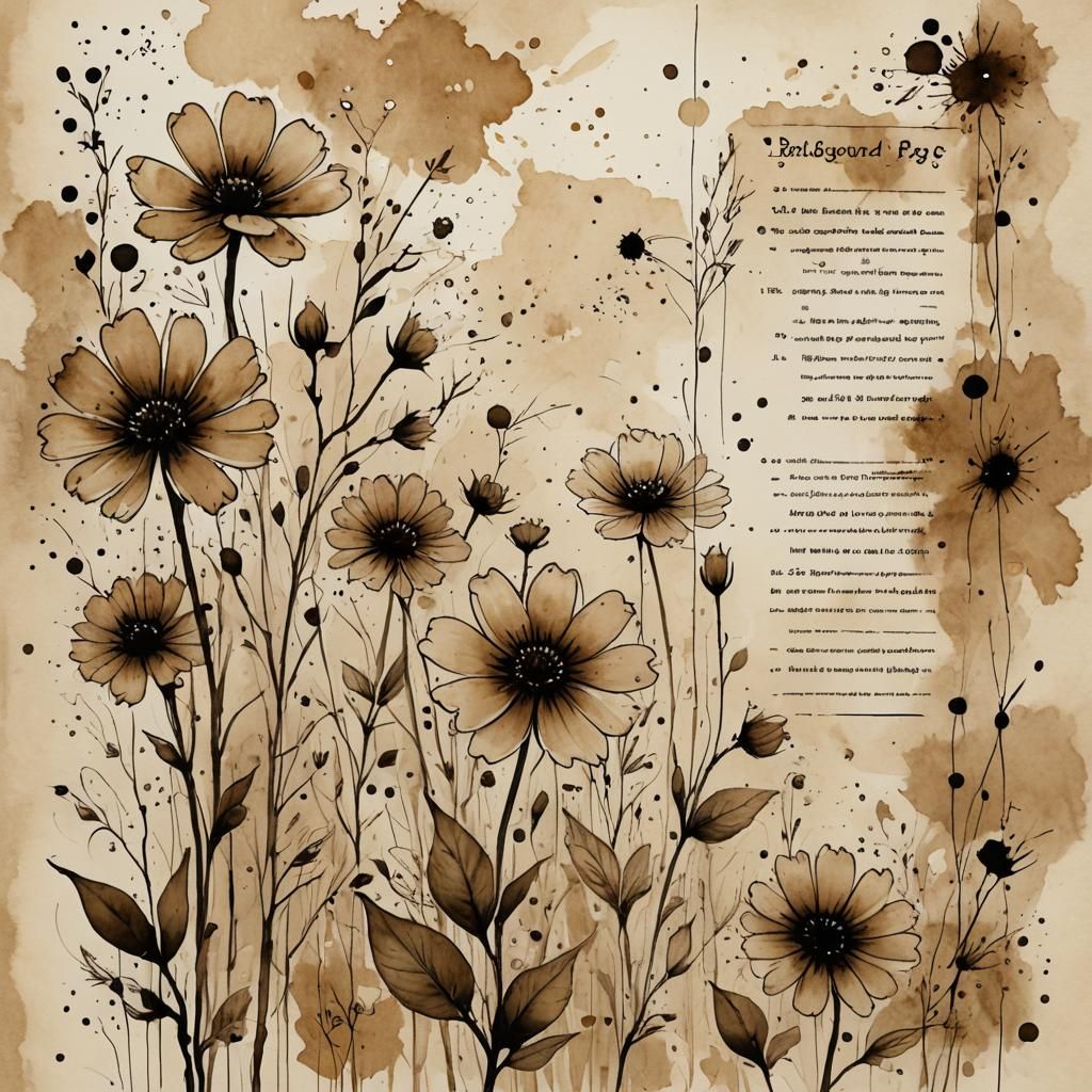 Sepia Watercolor Ledger Page with Floral Doodles
