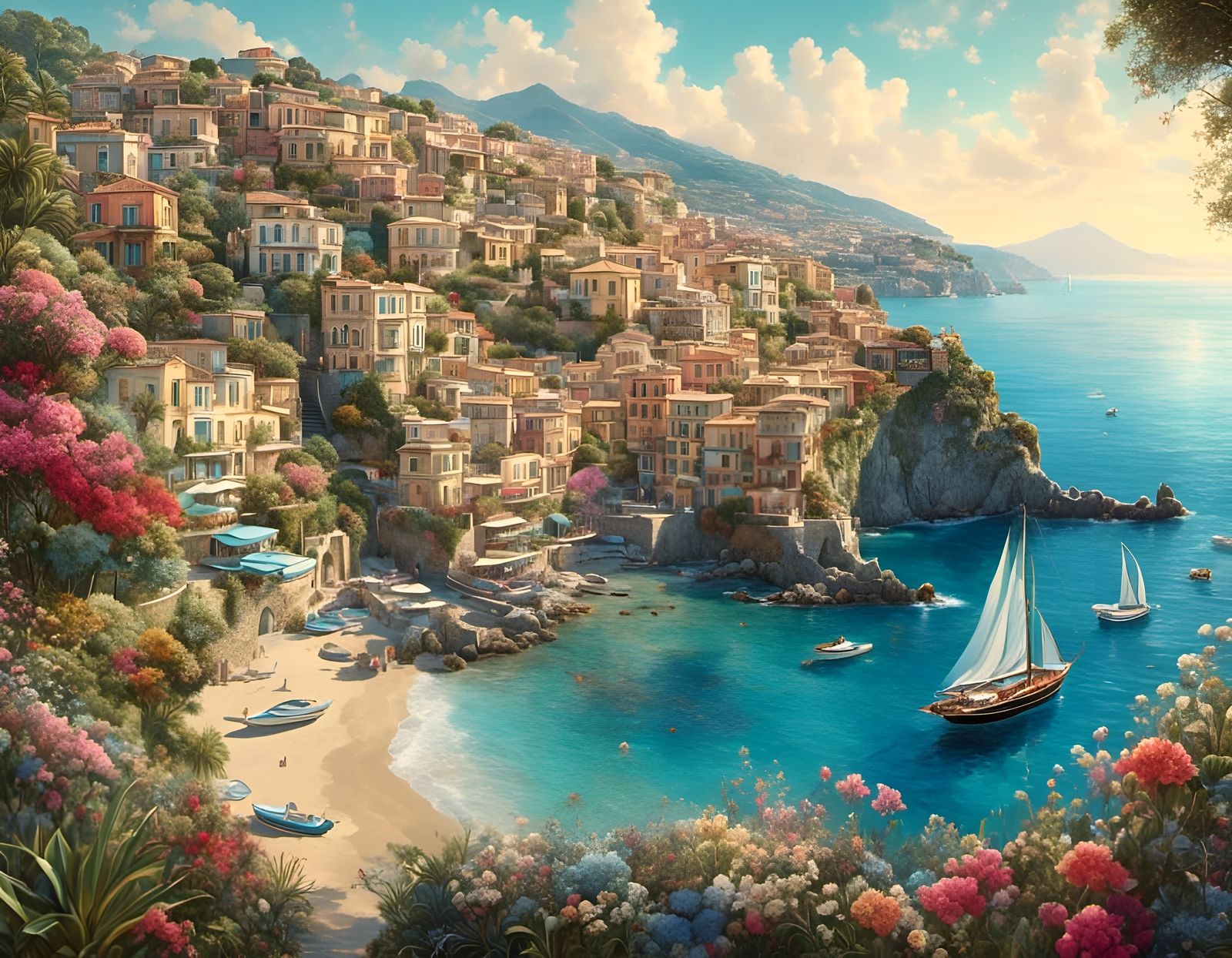 Dreamy Naples Coastline Street in Retro Style