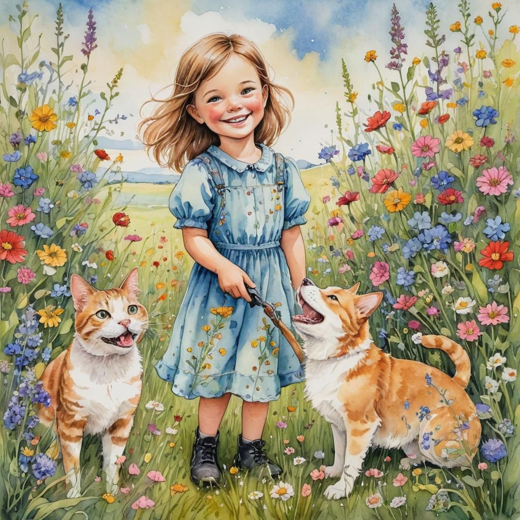 Girl, Cat and Dog in Wildflower Field Painting