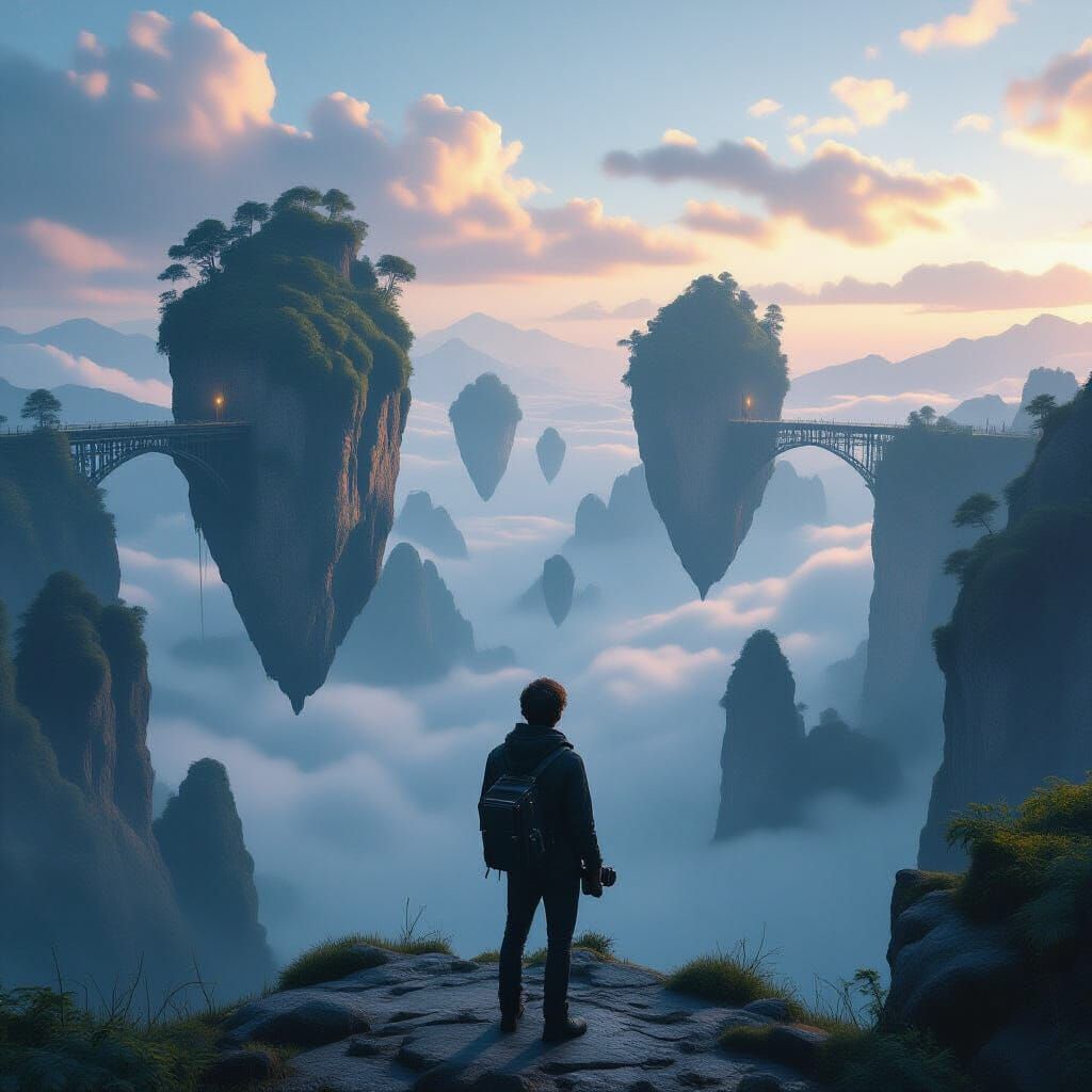 Photographer Gazes at Alien Landscape with Floating Islands