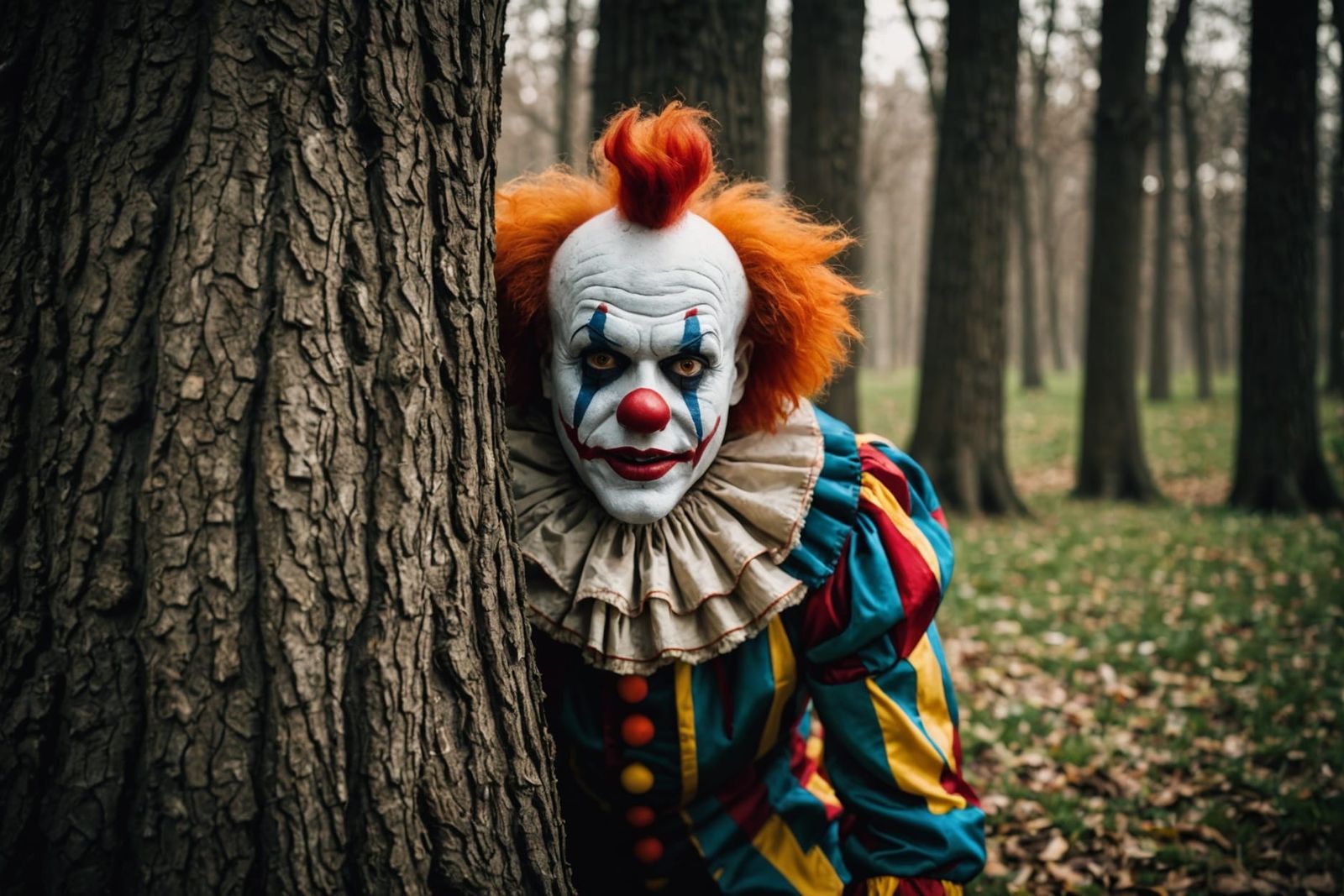 Eerie Horror Clown Spying From Behind Tree