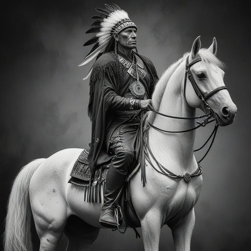 Native American Warrior on American Paint Horse in Tradition...