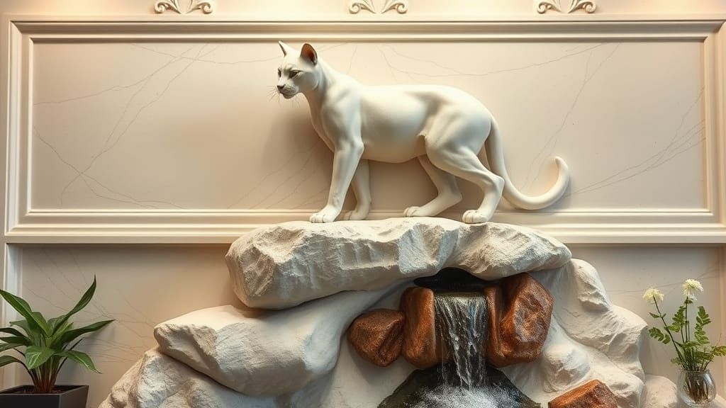 Elegant Plaster Feline Sculpture with Living Wall