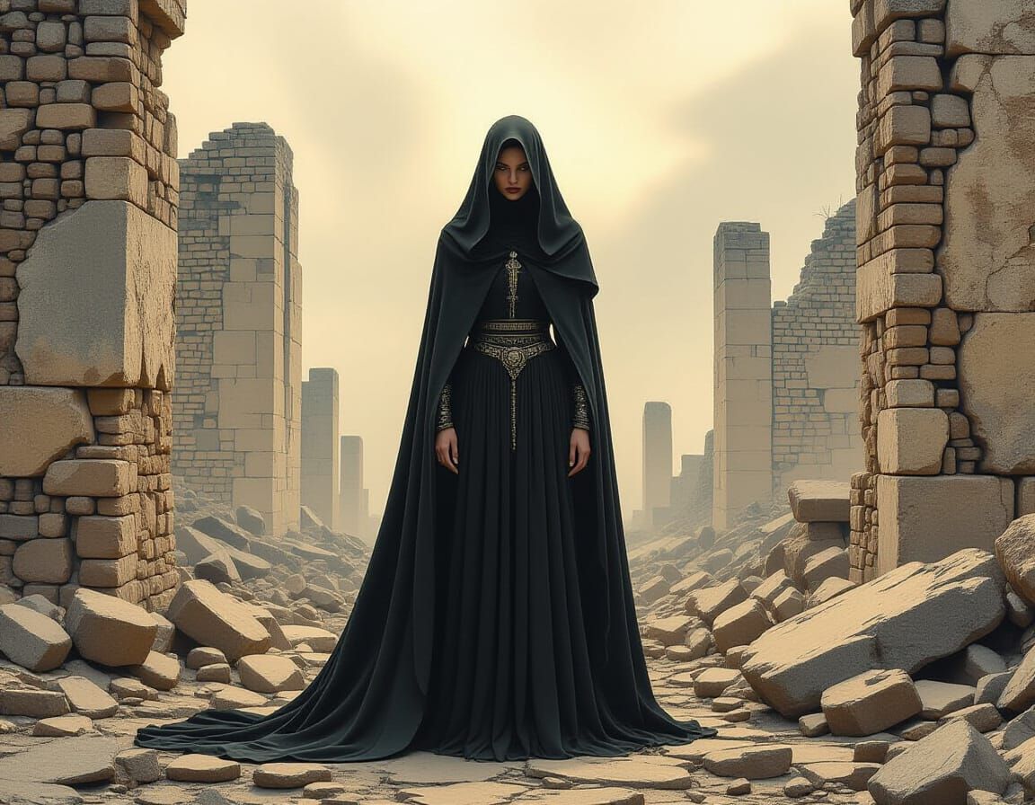 Mysterious Ancient Woman in Dark Fantasy Ruins