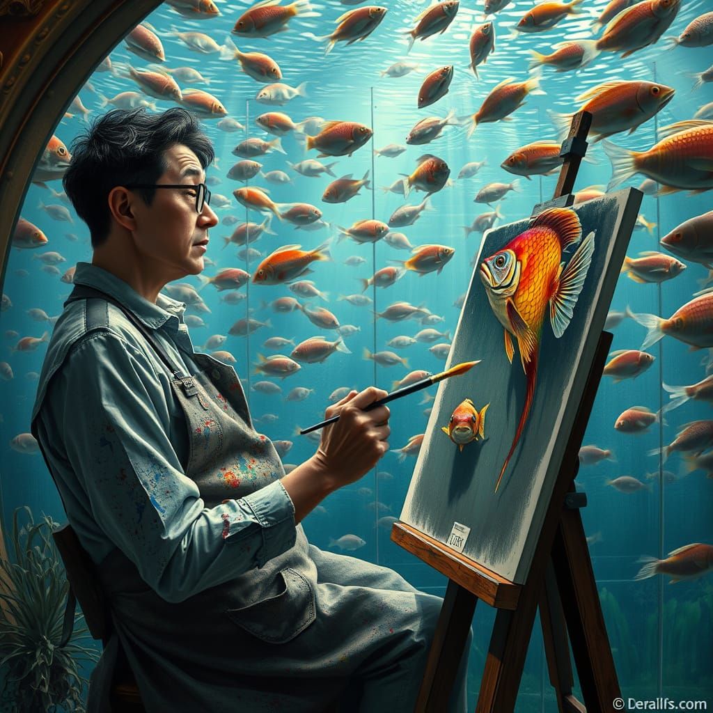 Artist Paints Fish in Whimsical Fish Tank Scene