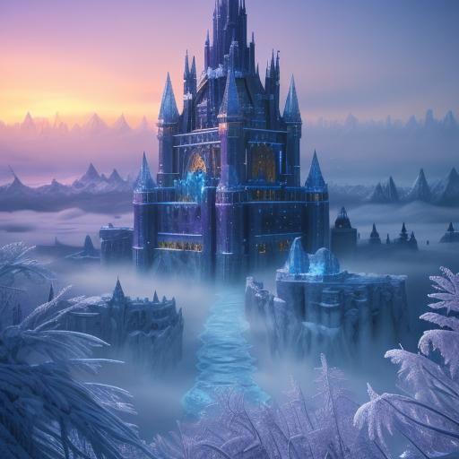 Frozen Cityscape with Ice Palace in Golden Light