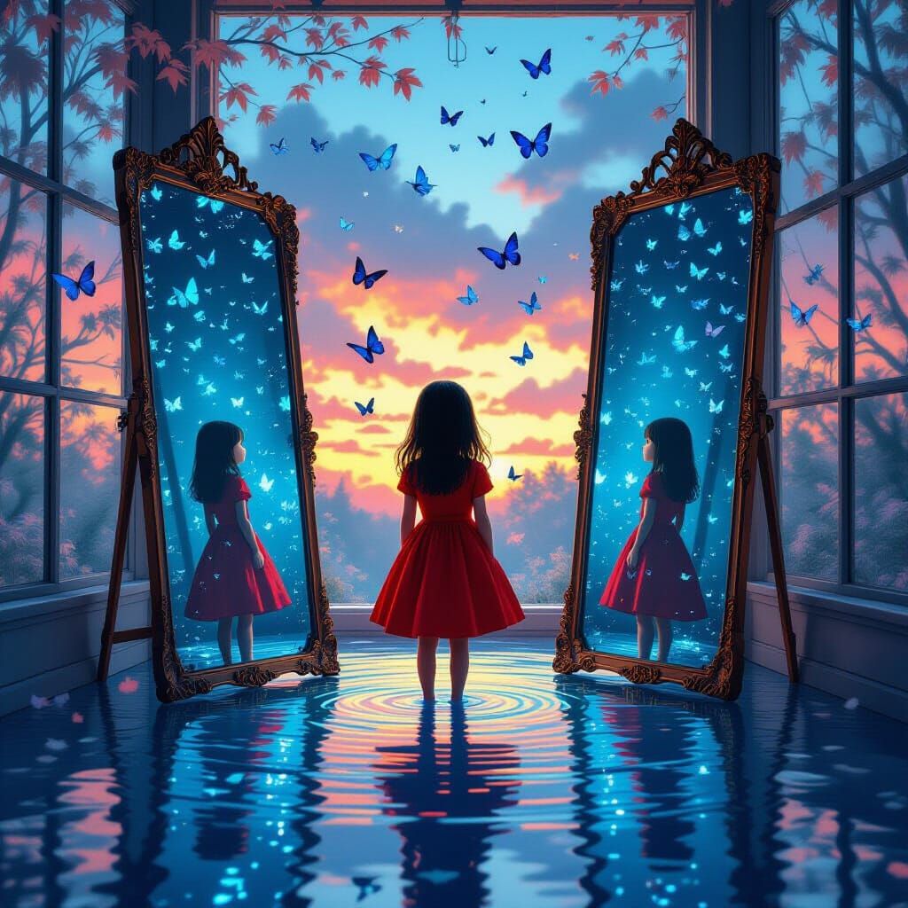 Girl in Glass Room with Blue Mirrors