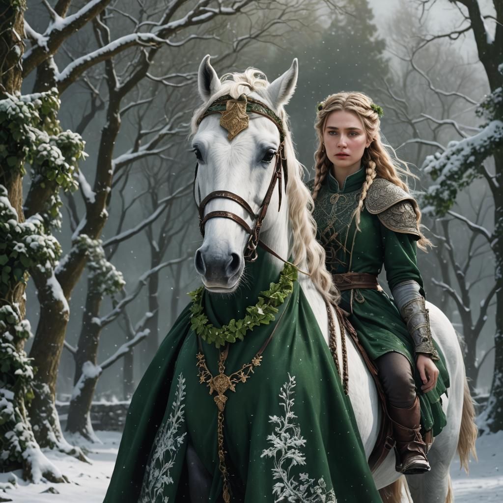 Medieval Woman with White Horse in Snow, Detailed Painting