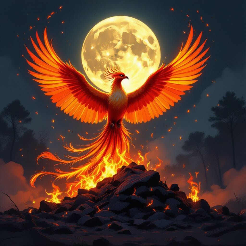 Phoenix Rising in Fiery Landscape