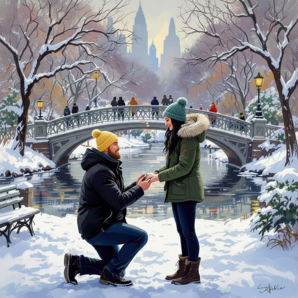 Man Proposes With Diamond Ring in Winter Central Park