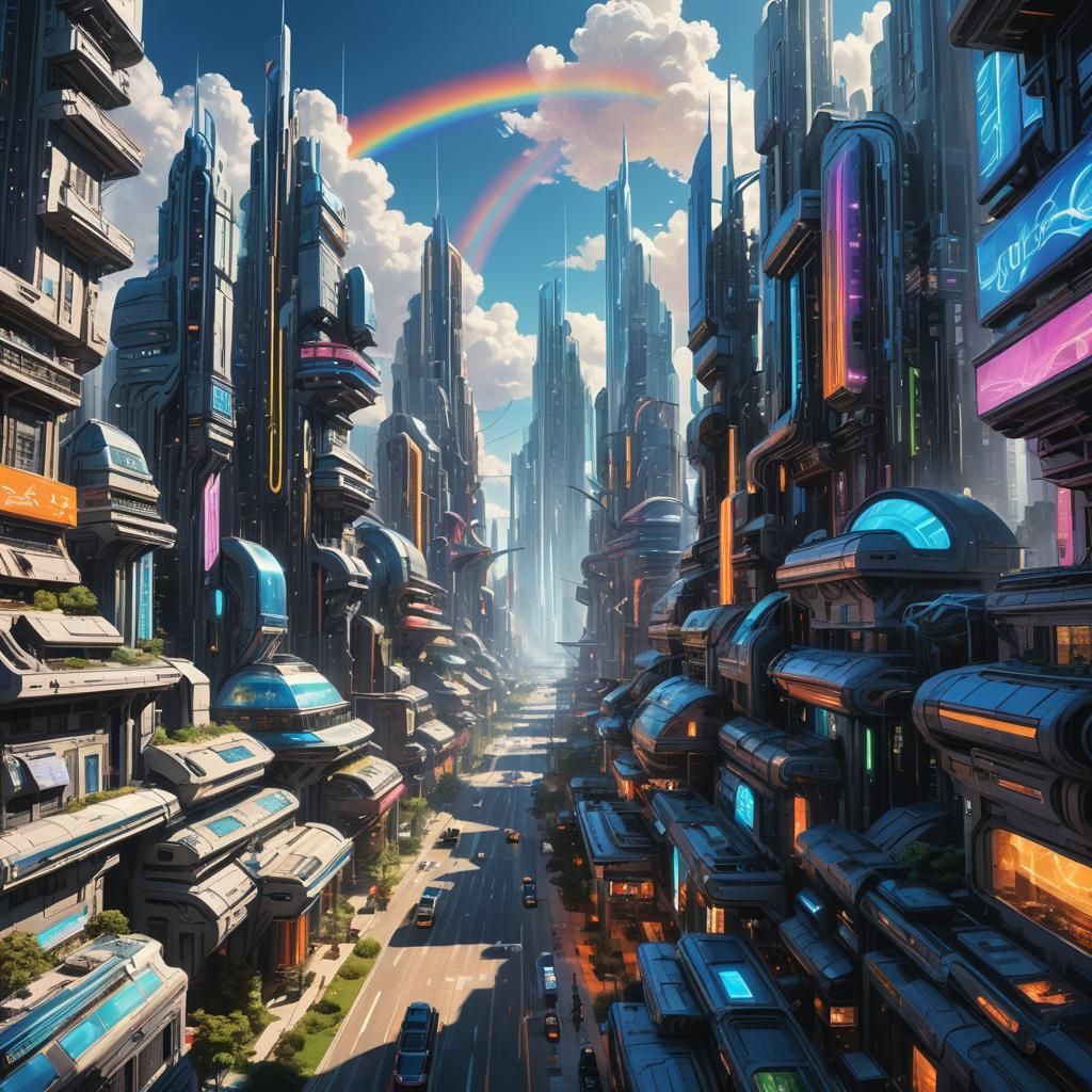Rainbow City Concept Art in Futuristic Style