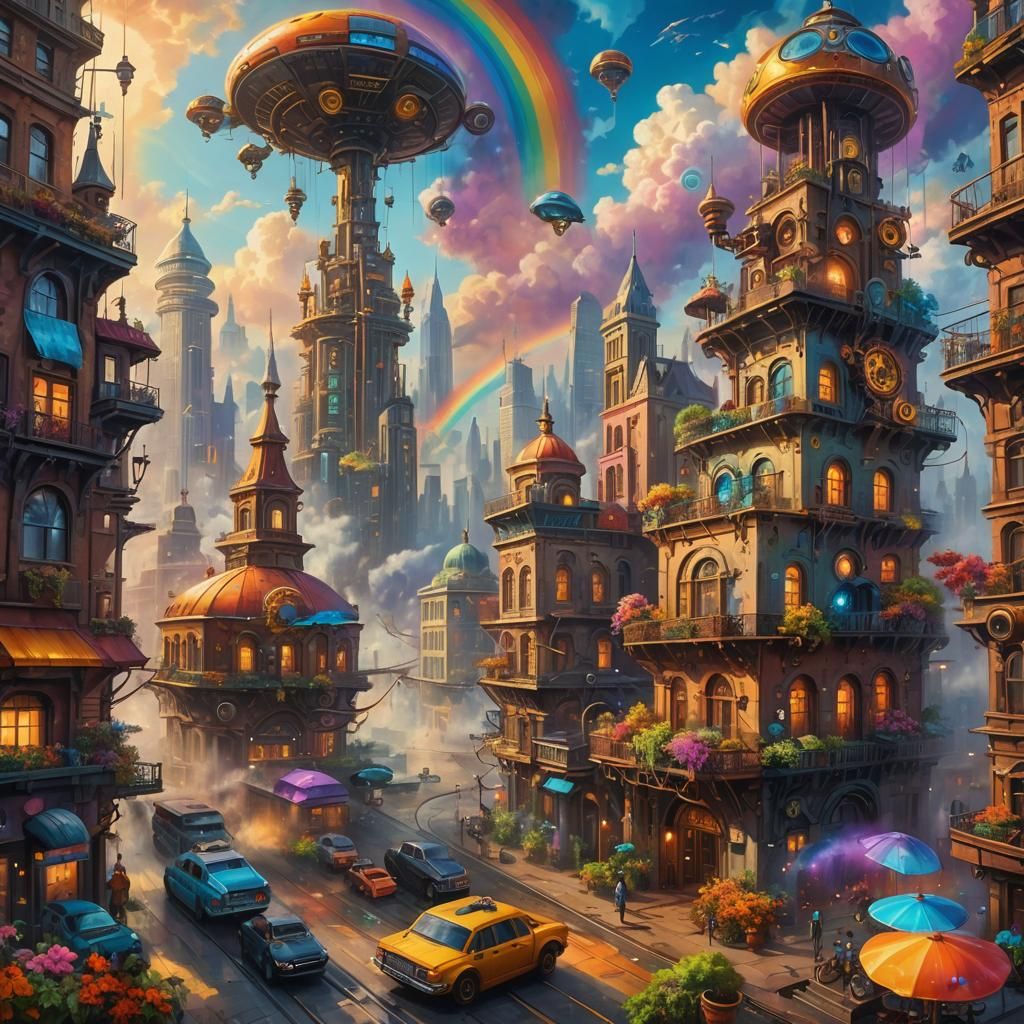 Futuristic Cityscape with Rainbow Sky as Oil Painting