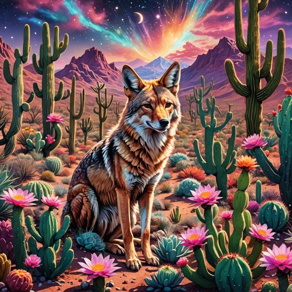 Coyote in Desert Bloom: Holographic Astral Illustration