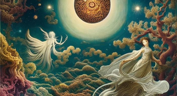 Surreal Figure Walking in Space with Soul Orbiting God