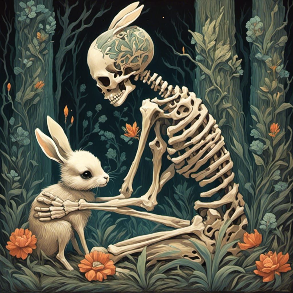 Skeletal Woman Hugging Rabbit, Sacred Art
