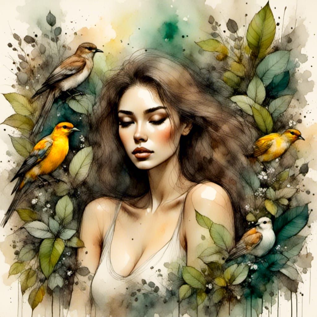 Woman in Tropical Foliage, Charcoal and Ink Illustration