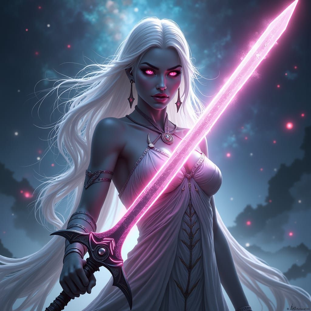 Drow Priestess with Glowing Sword in Fantasy Art