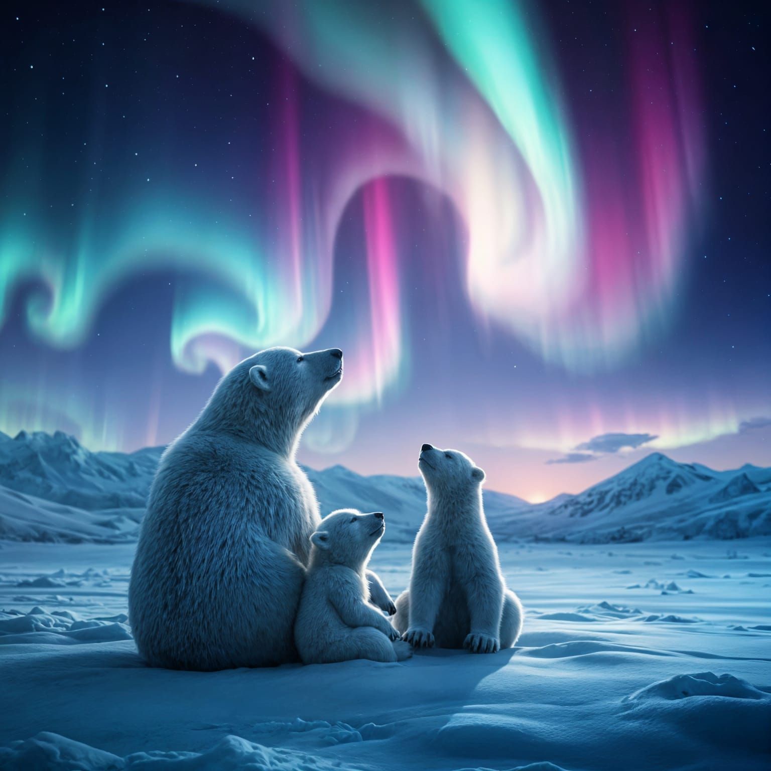 Northern Lights Dance above a Snowy Landscape in Hypereal Sp...