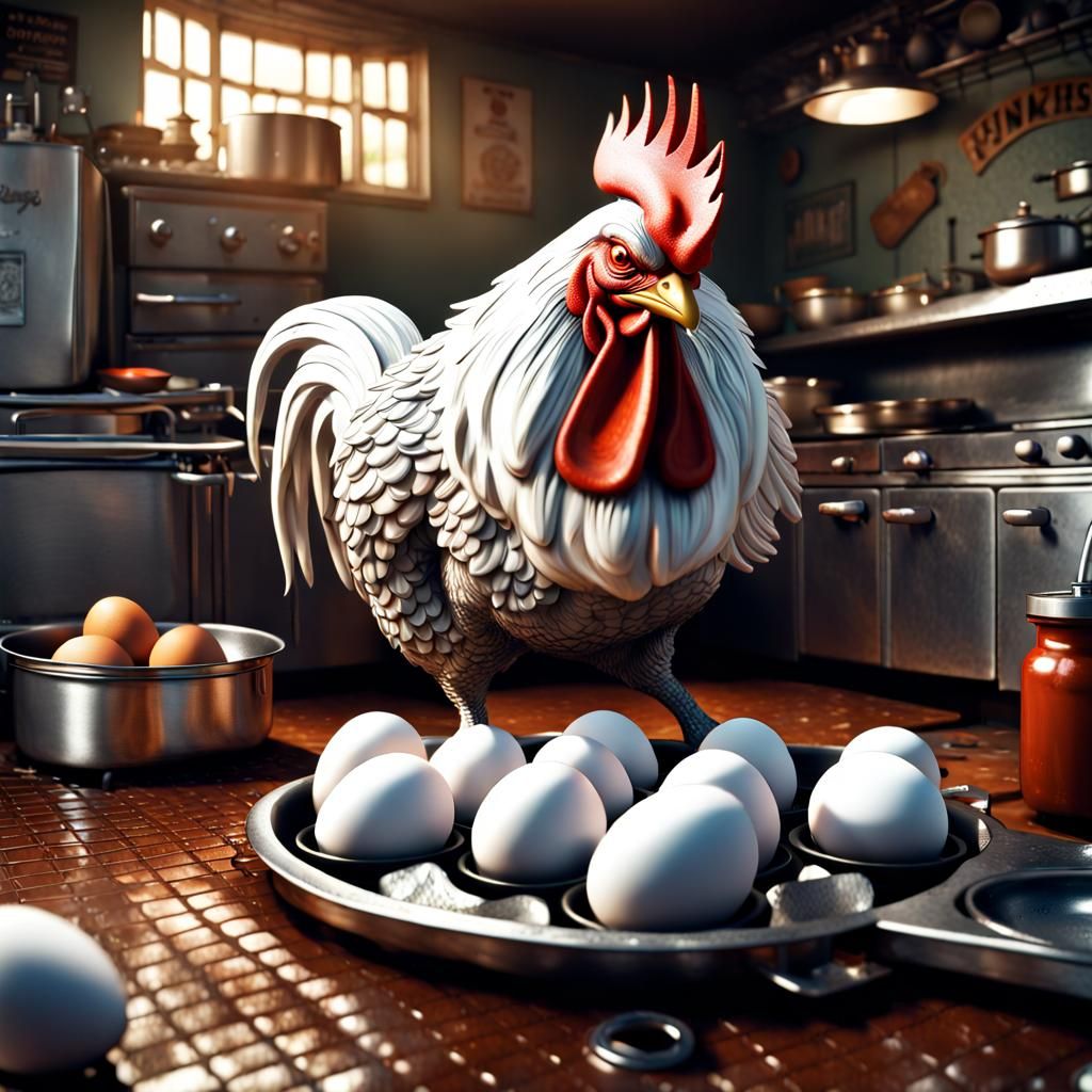 Smoking Rooster Frying Eggs in Diner Kitchen