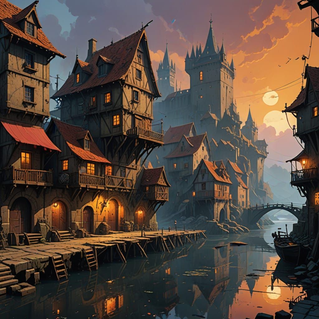 Medieval French Village Evening Scene in Golden Light